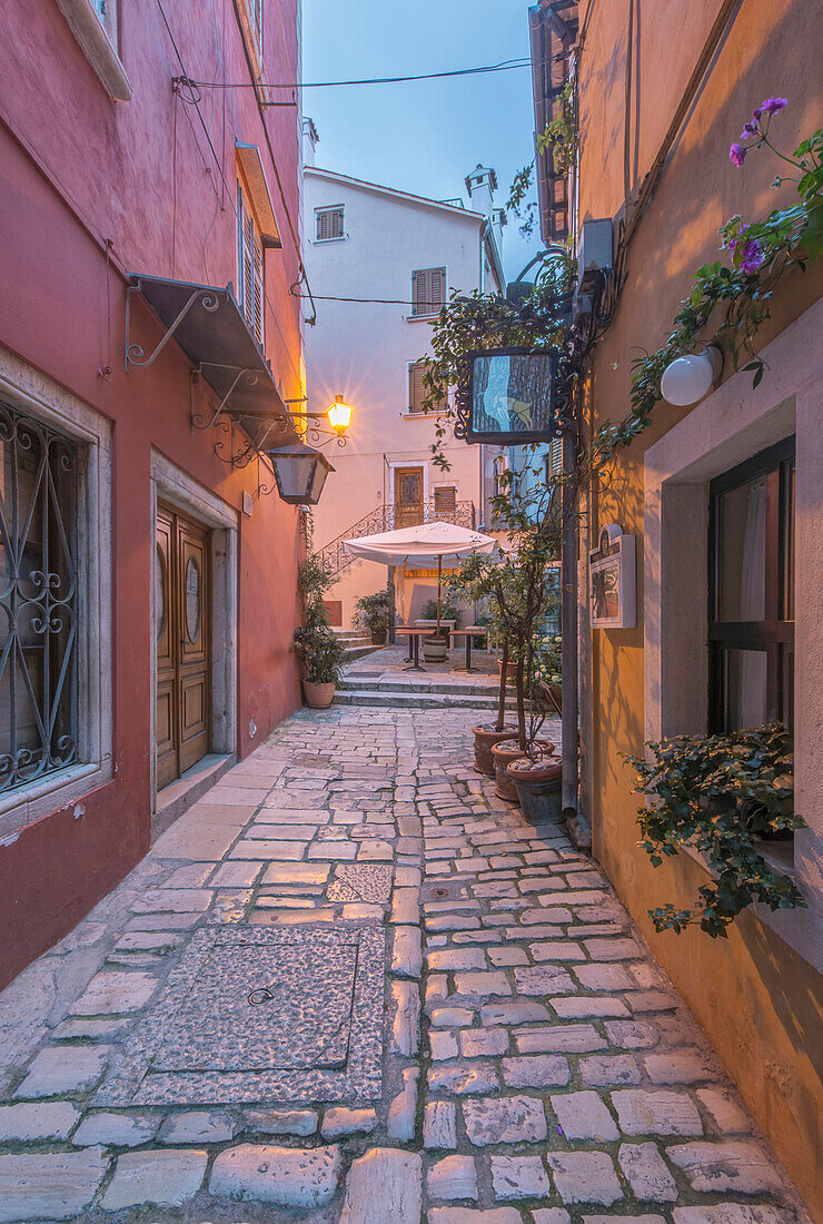 Cobblestone alleyway between village buildings, Rovinj, Istria, Croatia