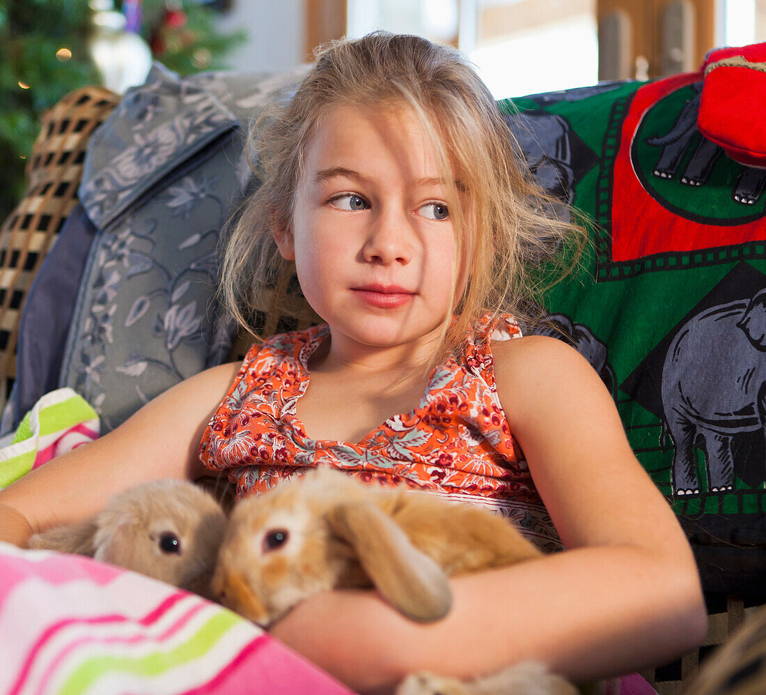 Caucasian girl holding pet rabbits on sofa, Santa Fe, New Mexico, USA