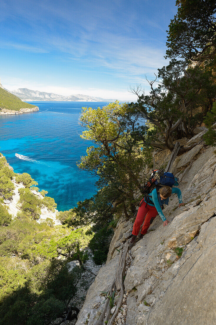 A young woman traverses a steep wall with the help of a juniper trunk above the see, while a motor yacht passes, Selvaggio Blu, Sardinia, Italy, Europe