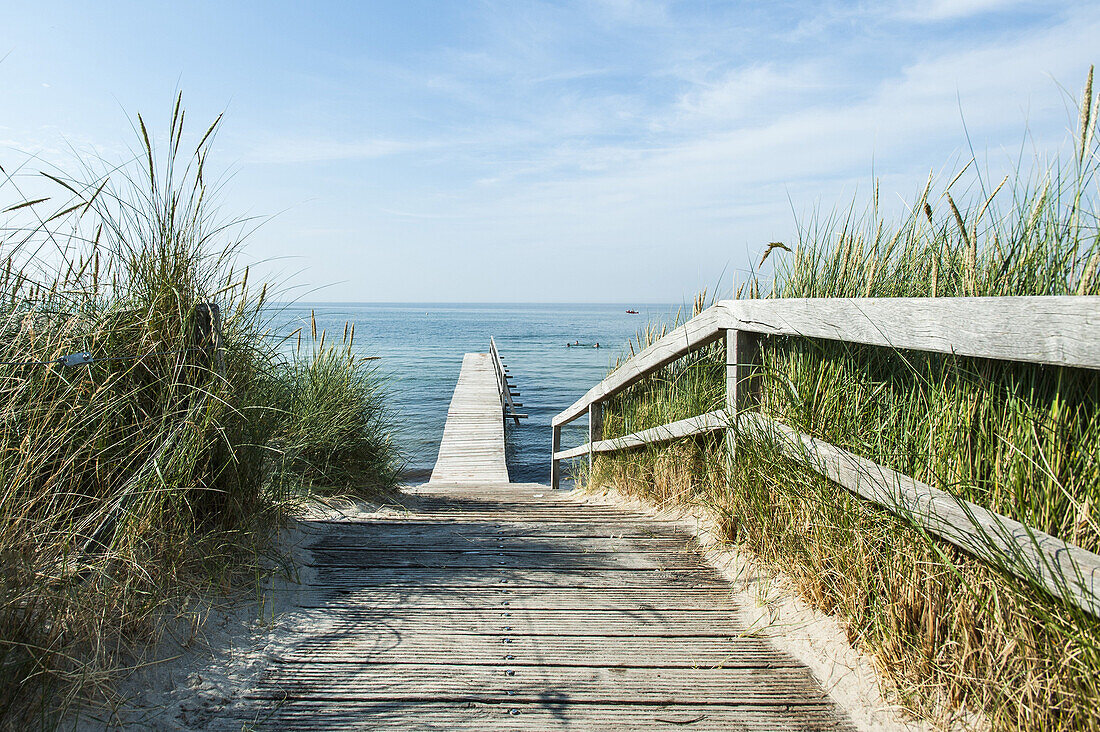 wooden jetty on the beach of Heiligenhafen, Schleswig-Holstein, Baltic Sea, North Germany, Germany