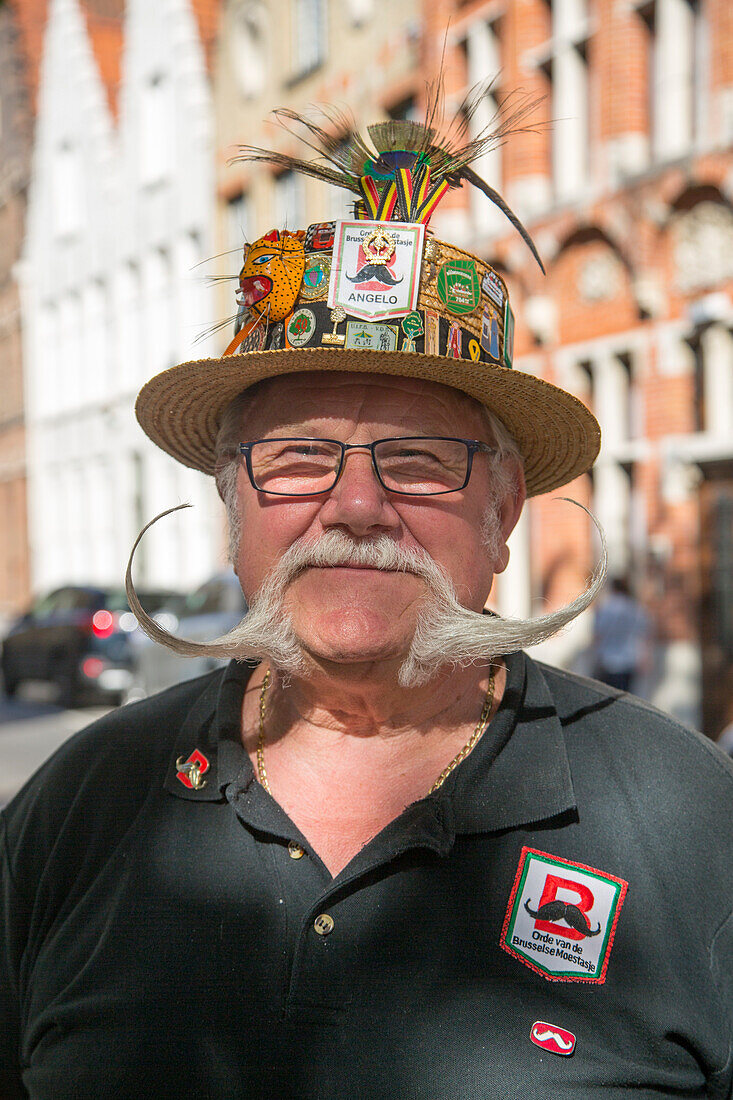 Portrait of Georges Steenwerckx, president of the Orde van de Brusselse Moestasja group of mustache wearers from Brussels, Bruges (Brugge), Flemish Region, Belgium
