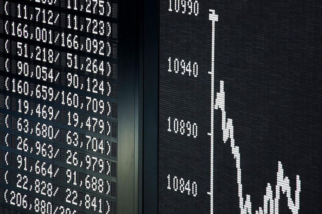 Stock value display above the trading floor of the German stock exchange, Frankfurt am Main, Hessen, Germany, Europe