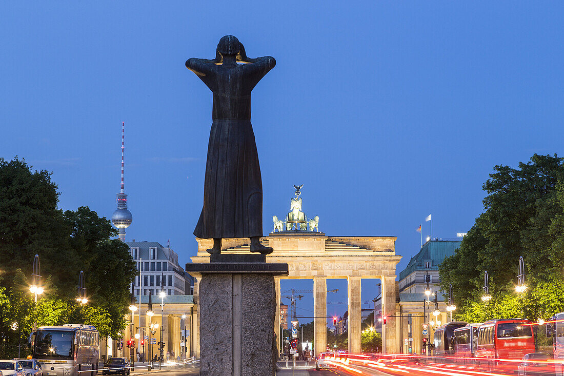 Scultures in front of the Brandenburg Gate, Alex TV Tower, Berlin, Germany