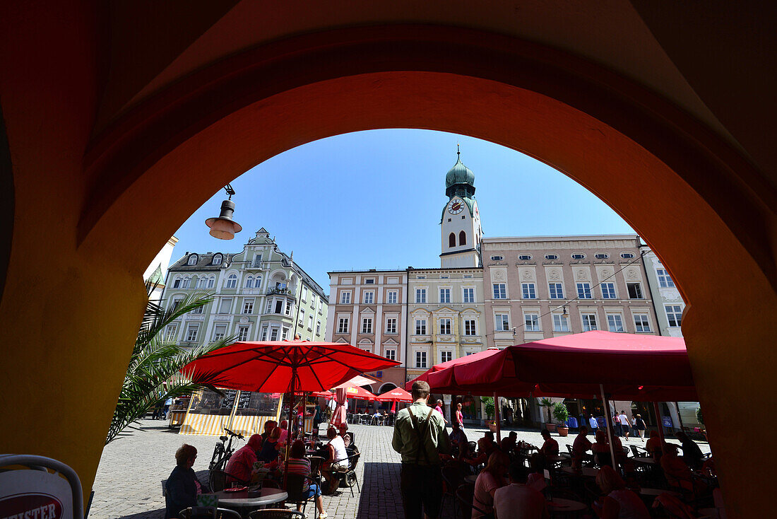 Max-Josef square with St. Nikolaus church, Rosenheim, Upper Bavaria, Bavaria, Germany