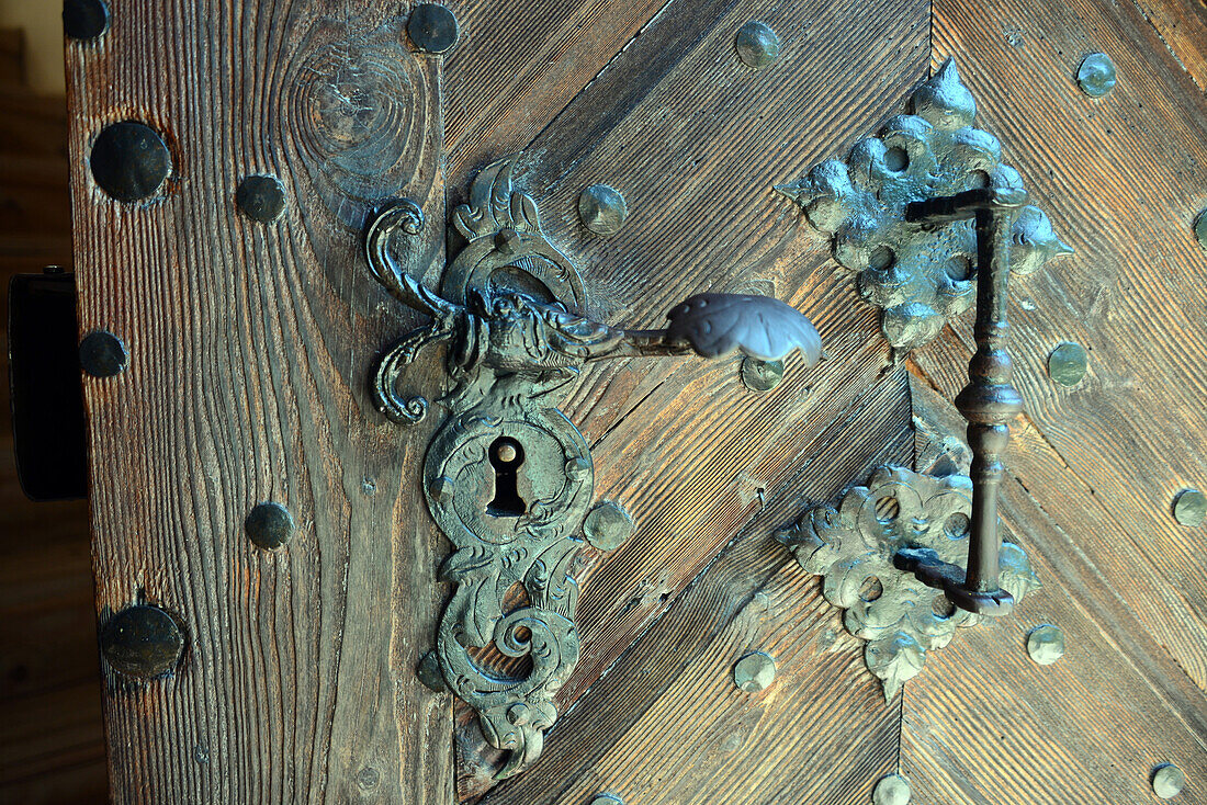 Door lock on the door of the Kunterweg church near Ramsau, Berchtesgaden, Upper Bavaria, Bavaria, Germany