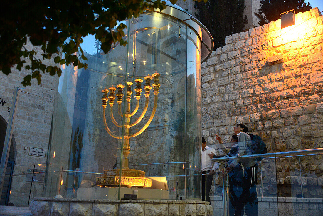 Golden Menora in the jewish quarter of the old town, Jerusalem, Israel