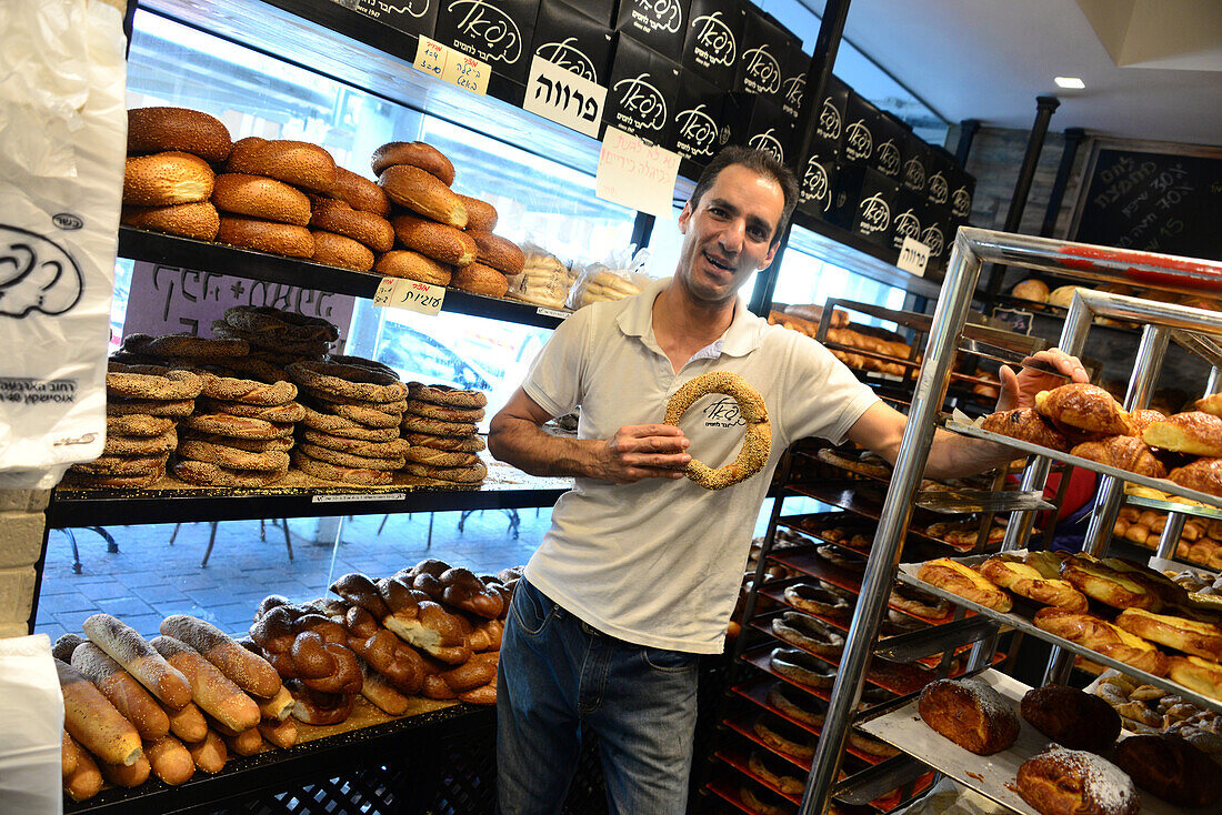 Shopping: Different types of bread in a bakers, Tel Aviv, Israel