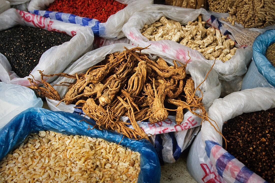 Ginseng roots on market in Chengdu, Panax ginseng, China