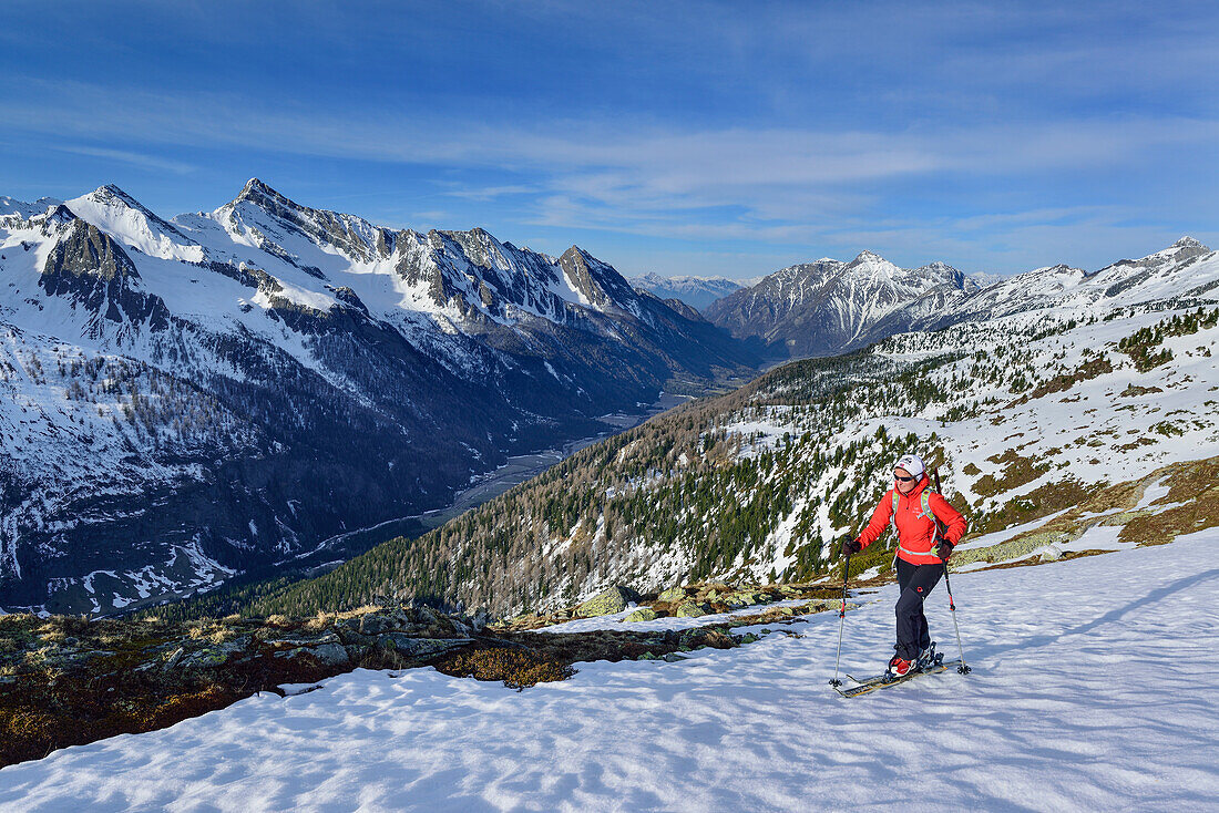 Woman back-country skiing ascending towards Schrammacher, valley of Pfitsch in background, Schrammacher, valley of Pfitsch, Zillertal Alps, South Tyrol, Italy