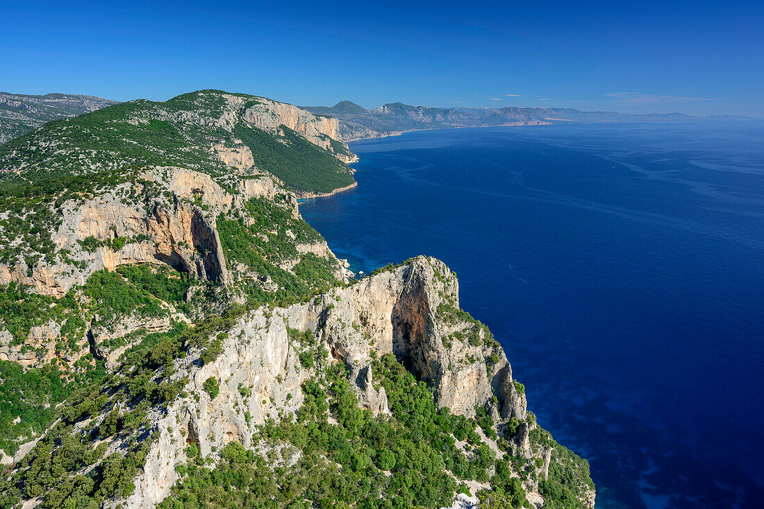 View to cliff of Golfo di Orosei and Mediterranean, Selvaggio Blu, National Park of the Bay of Orosei and Gennargentu, Sardinia, Italy