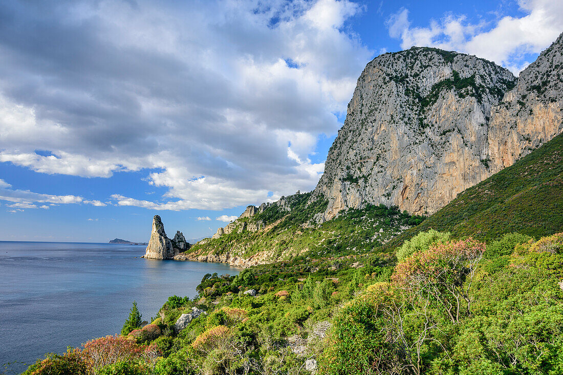 Coast at Golfo di Orosei with rock spire Pedra Longa, Selvaggio Blu, National Park of the Bay of Orosei and Gennargentu, Sardinia, Italy