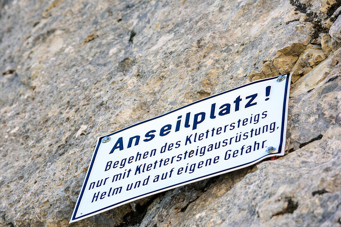 Warning sign at the start of fixed rope route Pidinger Kletterst, Pidinger Klettersteig, Hochstaufen, Chiemgau Alps, Chiemgau, Upper Bavaria, Bavaria, Germany