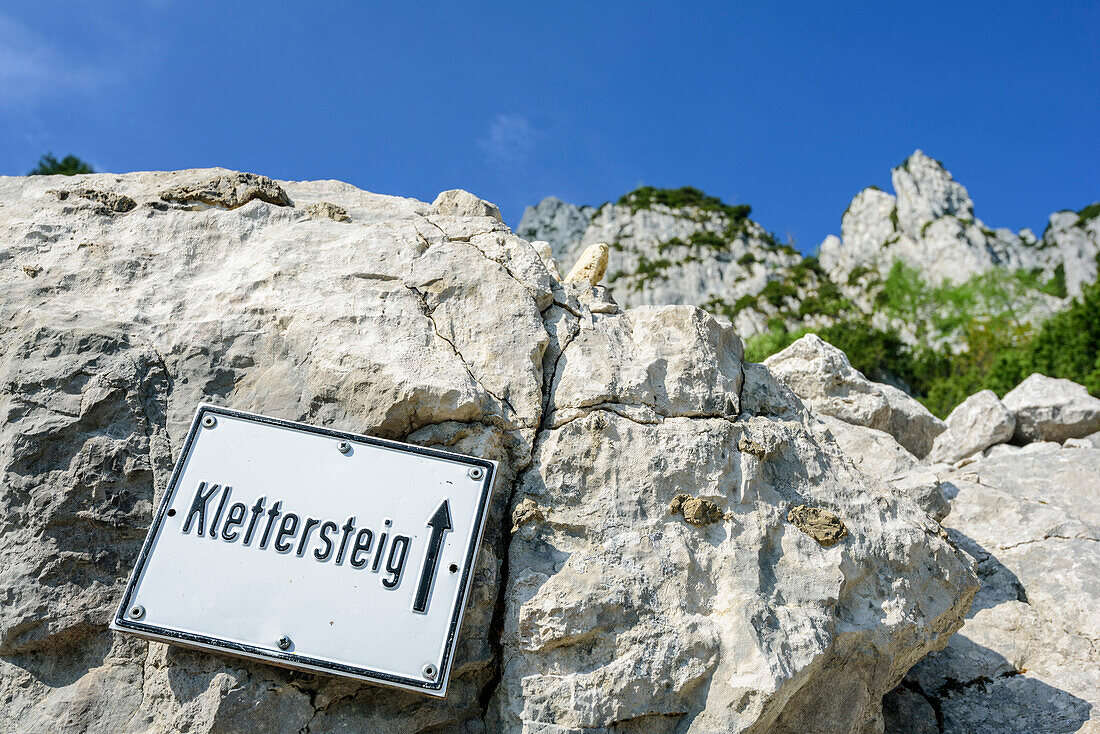 Sign at fixed rope route Pidinger Klettersteig, fixed rope route Pidinger Klettersteig, Hochstaufen, Chiemgau Alps, Chiemgau, Upper Bavaria, Bavaria, Germany