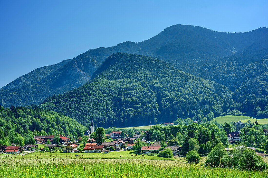 View towards Kreuth and valley of Tegernseer Tal, Kreuth, Bavarian Alps, Upper Bavaria, Bavaria, Germany