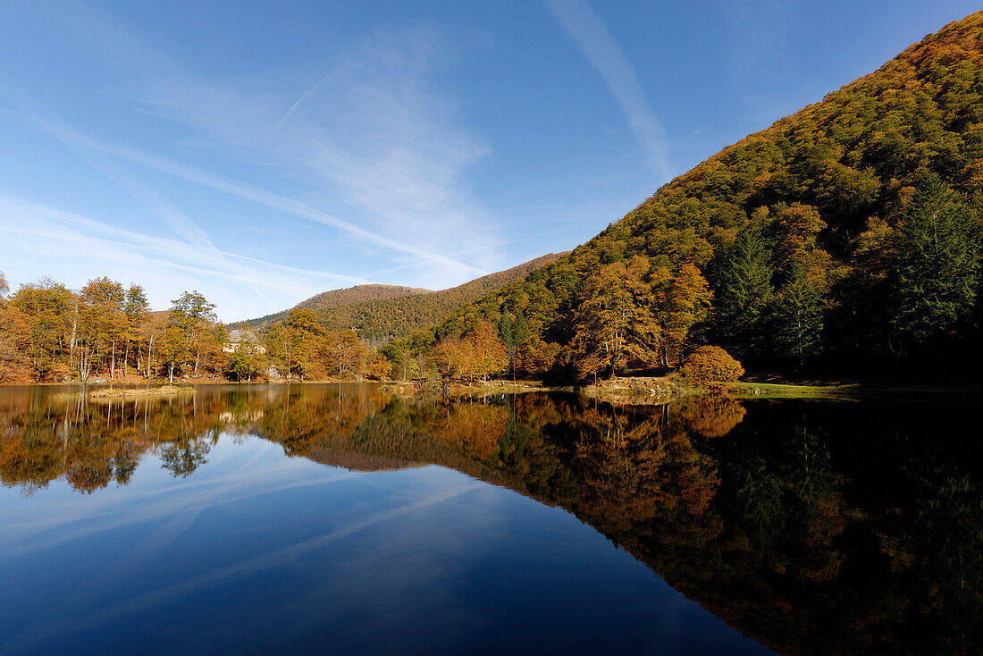 France, Midi Pyrenees, Ariege, Couserans, pond of Bethmale, autumn, trees, reflection