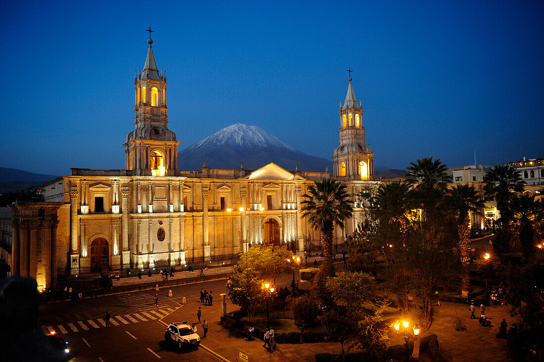 The San Francisco de Arequipa Cathedral (Catedral San Francisco de Arequipa) on the Plaza de Armas in Arequipa with the snows of Chachani volcano in the background by night in Peru,South America