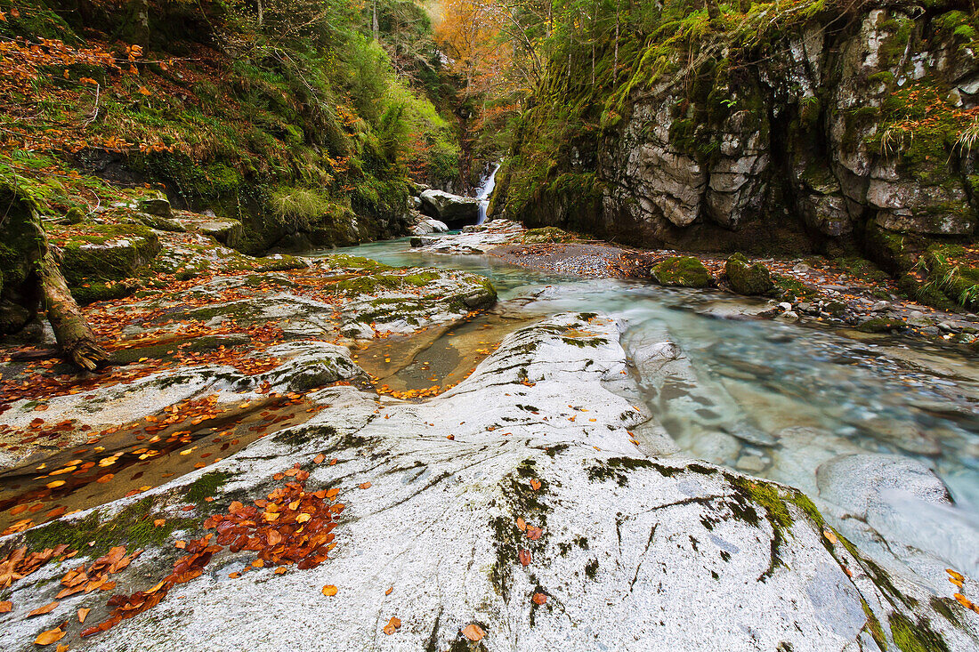 France, Aquitaine, Pyrenees Atlantiques, Rocky bed of Bious river carved by erosion