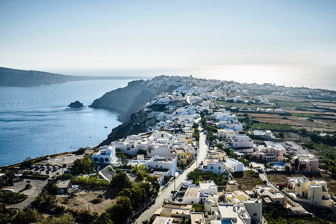 Aerial view of town along ocean, Oia, Egeo, Greece