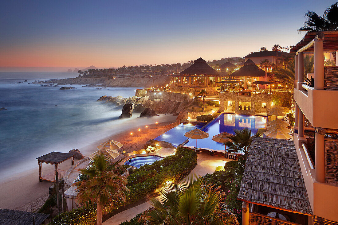 View of resort on ocean at night, Cabo San Lucas, BCS, Mexico
