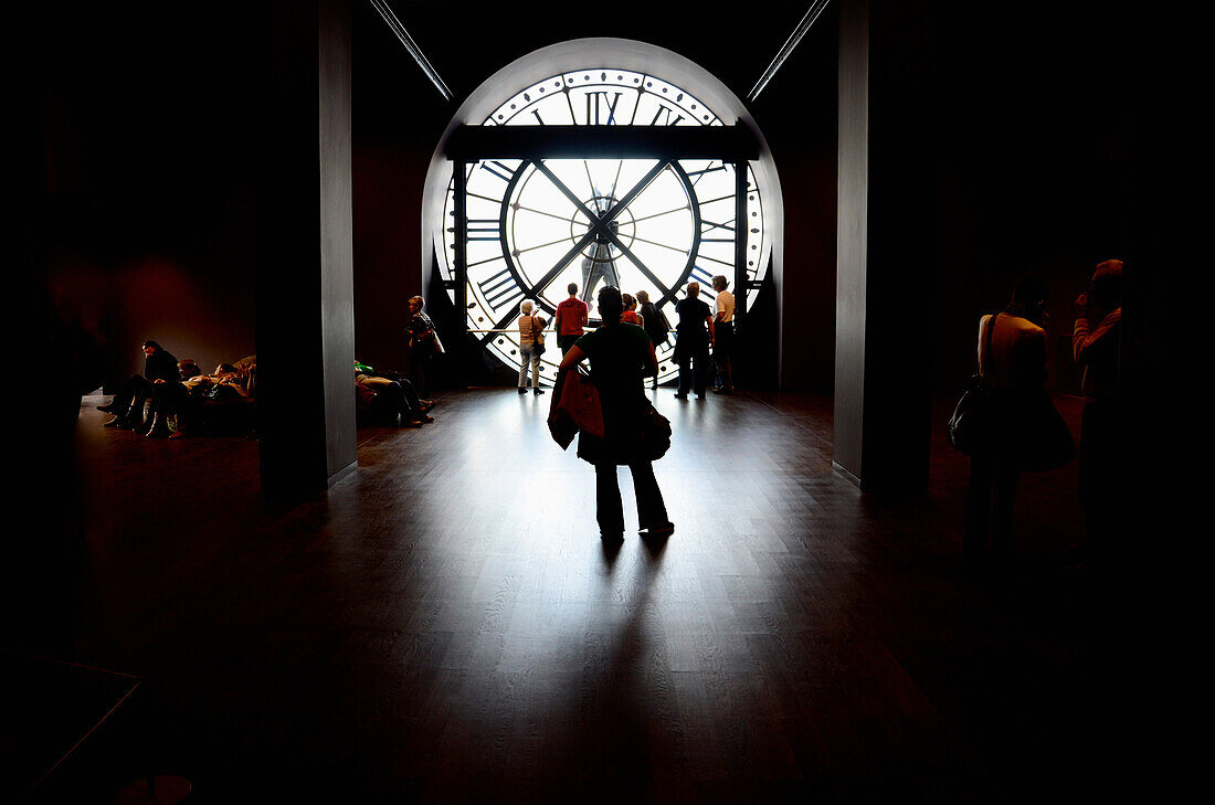 Silhouette of People Looking at Large Clock Embedded in Wall, Musee d'Orsay, Paris, France