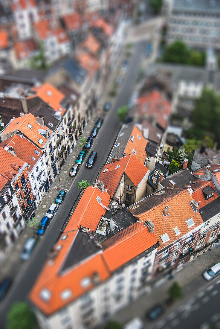 Tilt-Shift Aerial View of Apartment Buildings and Car-Lined Street, Brussels, Belgium
