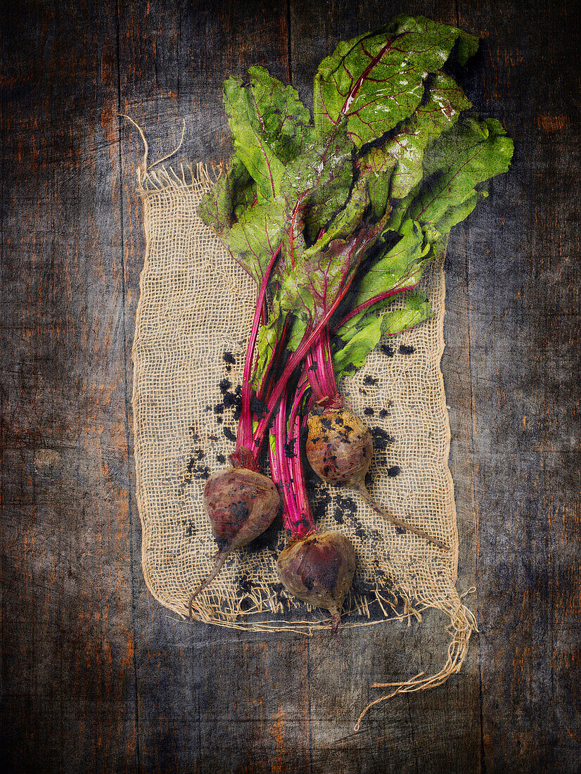 Fresh Beets on Burlap Fabric