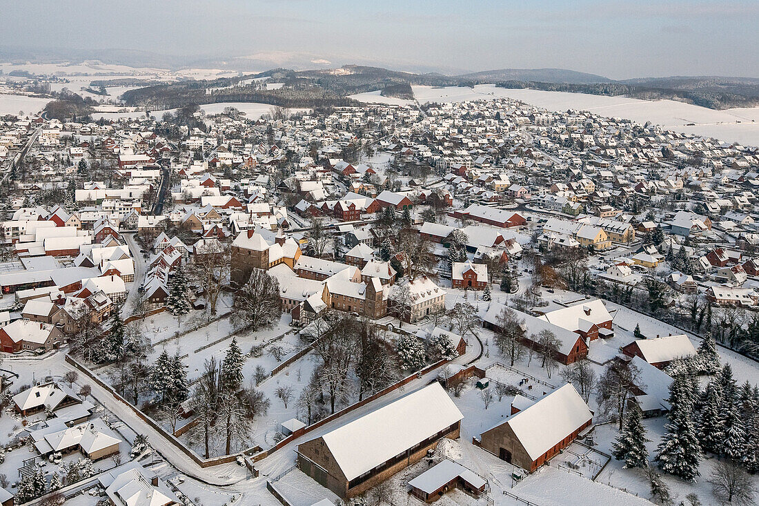 aerial, winter snow, Fischbeck Abbey, Lower Saxony, Germany