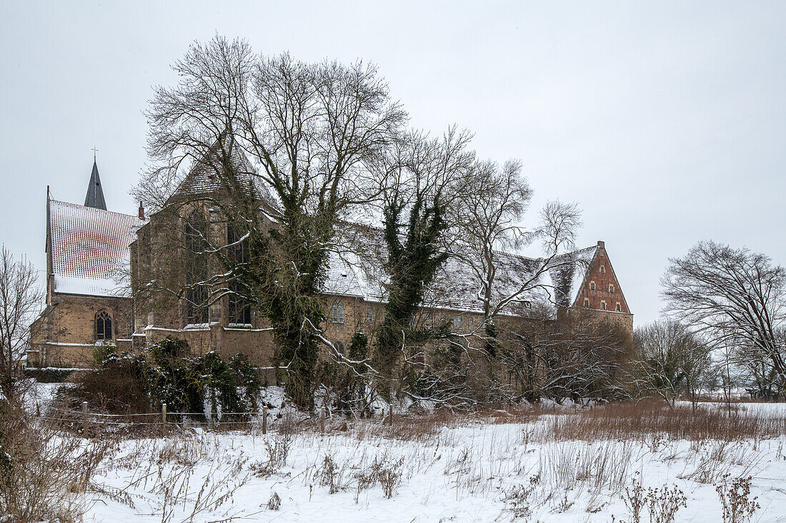 ehemalige Kloster Möllenbeck, Klosterkirche, Blick von der Rückseite, Winter, Schnee, Rinteln, Niedersachsen, Norddeutschland, Deutschland