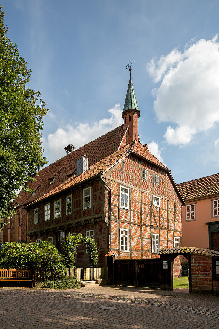 Cloister, detail, Isenhagen Abbey, Lutheran women's convent, middle ages, medieval, half-timbered brick architecture, Lower Saxony, Germany