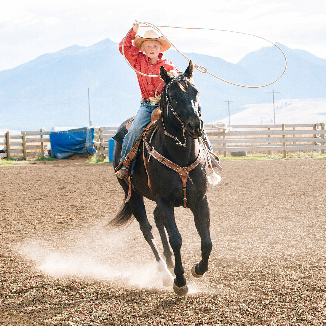 Caucasian boy using lasso on horse at rodeo, Jospeh, Oregon, USA