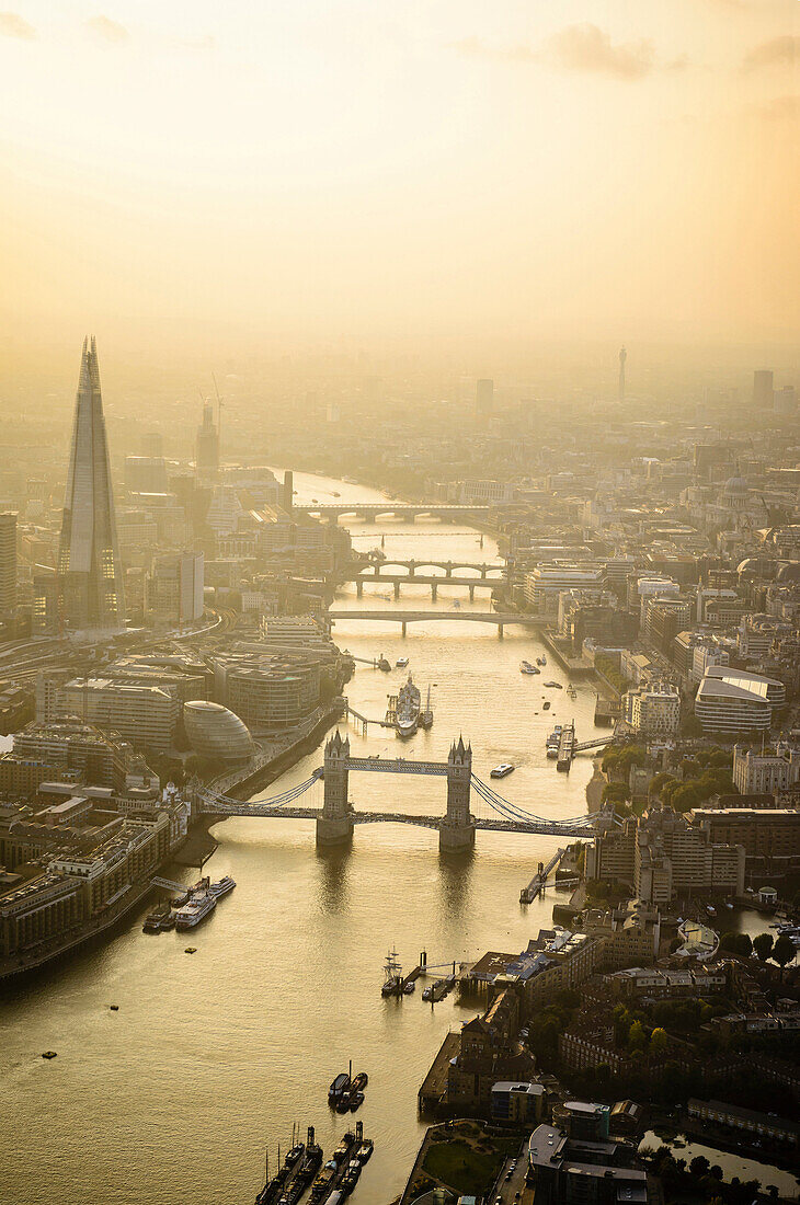 Aerial view of London cityscape and river, England, London, England, England