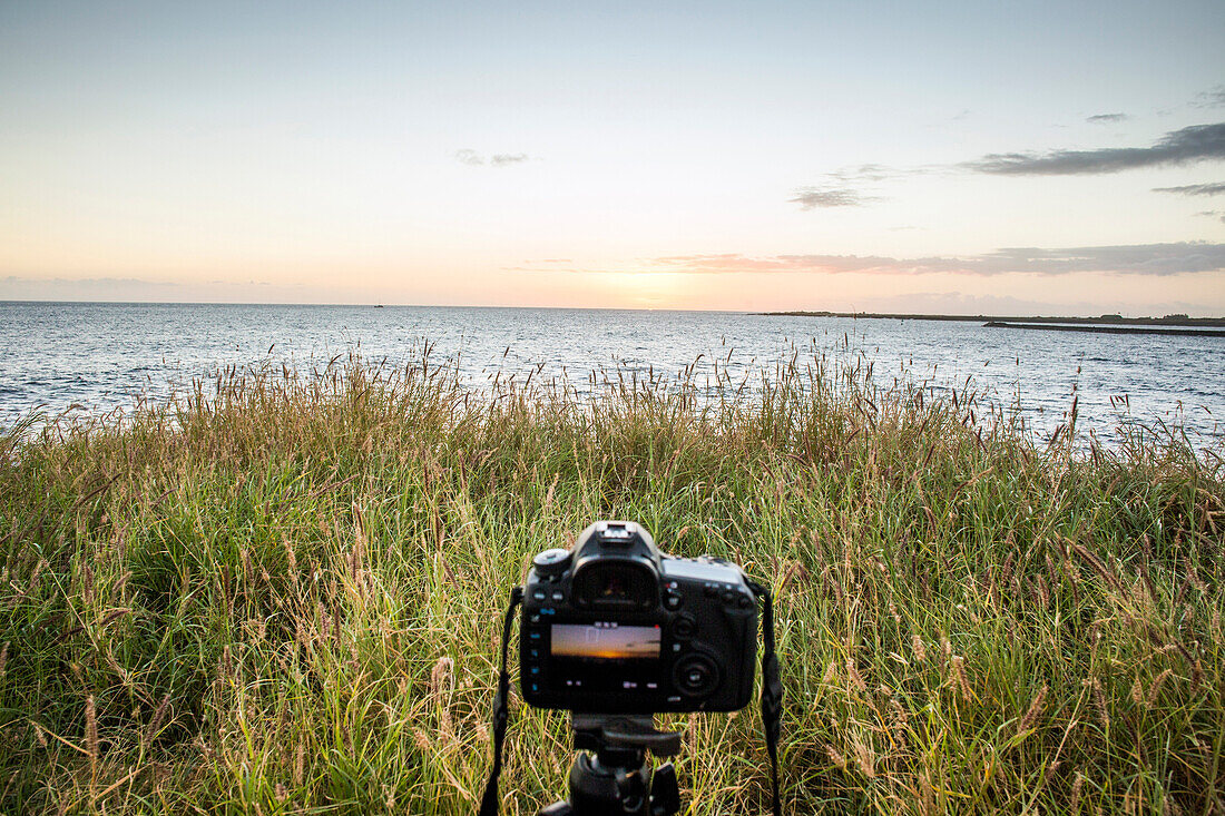 Close up of camera photographing sunset over ocean horizon, C1