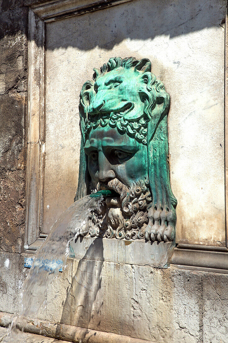 France, South Eastern France, Arles, Bouches du Rhône, head of a man on a fountain