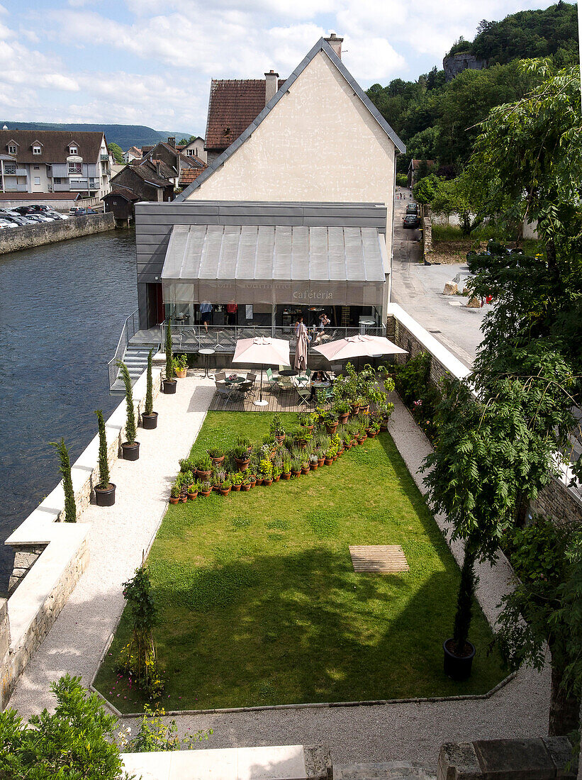 France, Eastern France, Ornans, terrace of Gustave Courbet museum, la Loue river