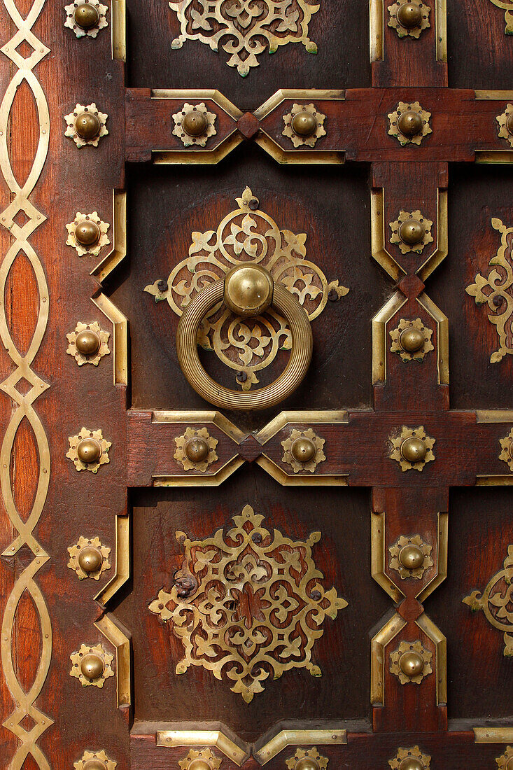 India, Rajasthan, zoom on the wood and bronze door of the City Palace in Jaipur (18e century - Unesco)