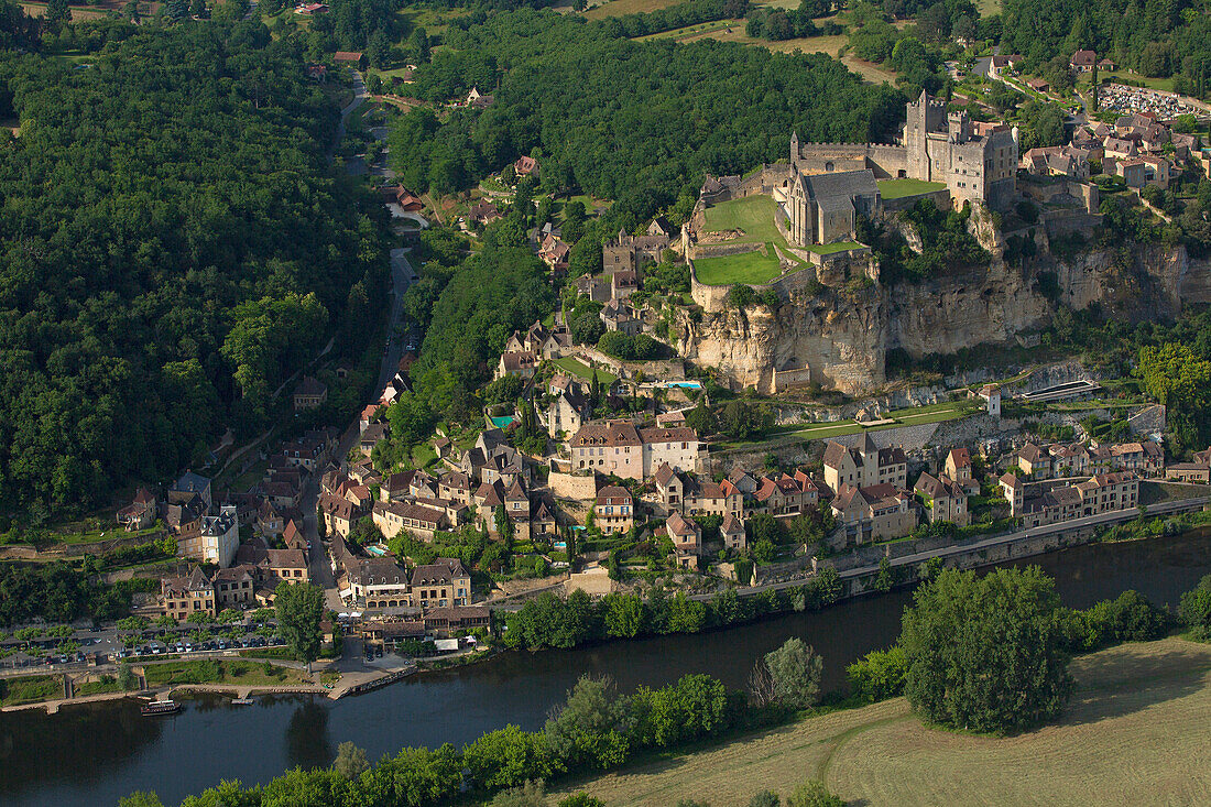 France, Dordogne (24), Beynac-et-Cazenac town labeled the most beautiful villages of France, (aerial view)