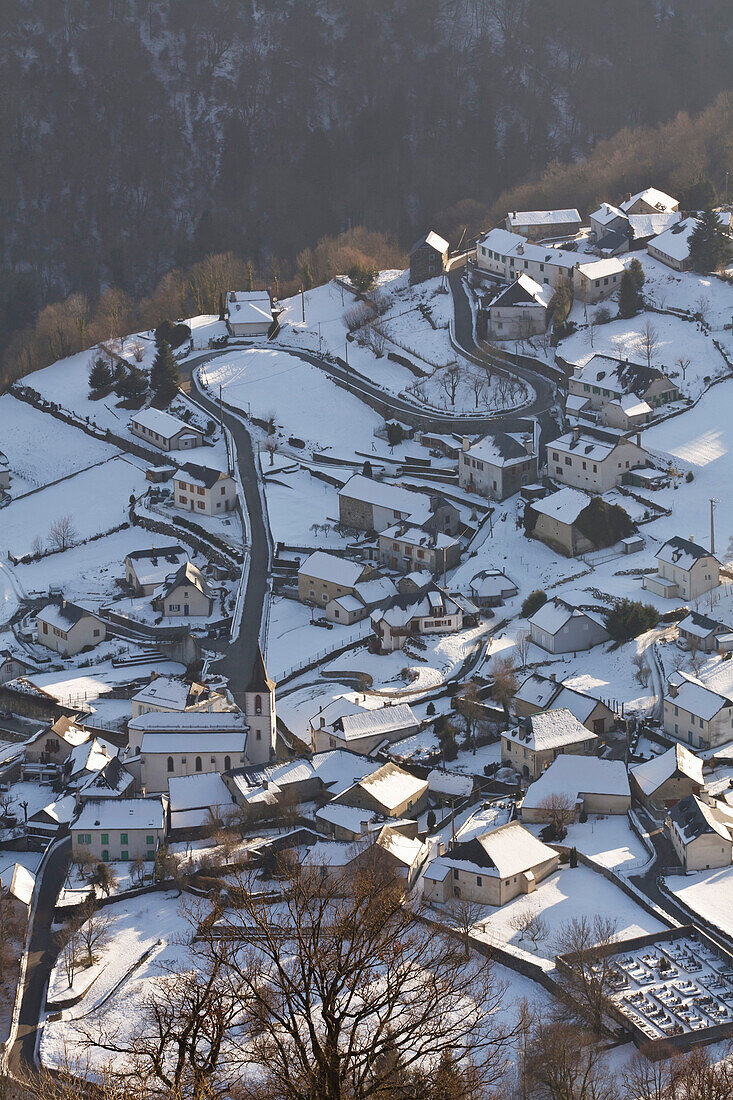 Bilhères en Ossau village in the snow at the foot of the plateau du Benou