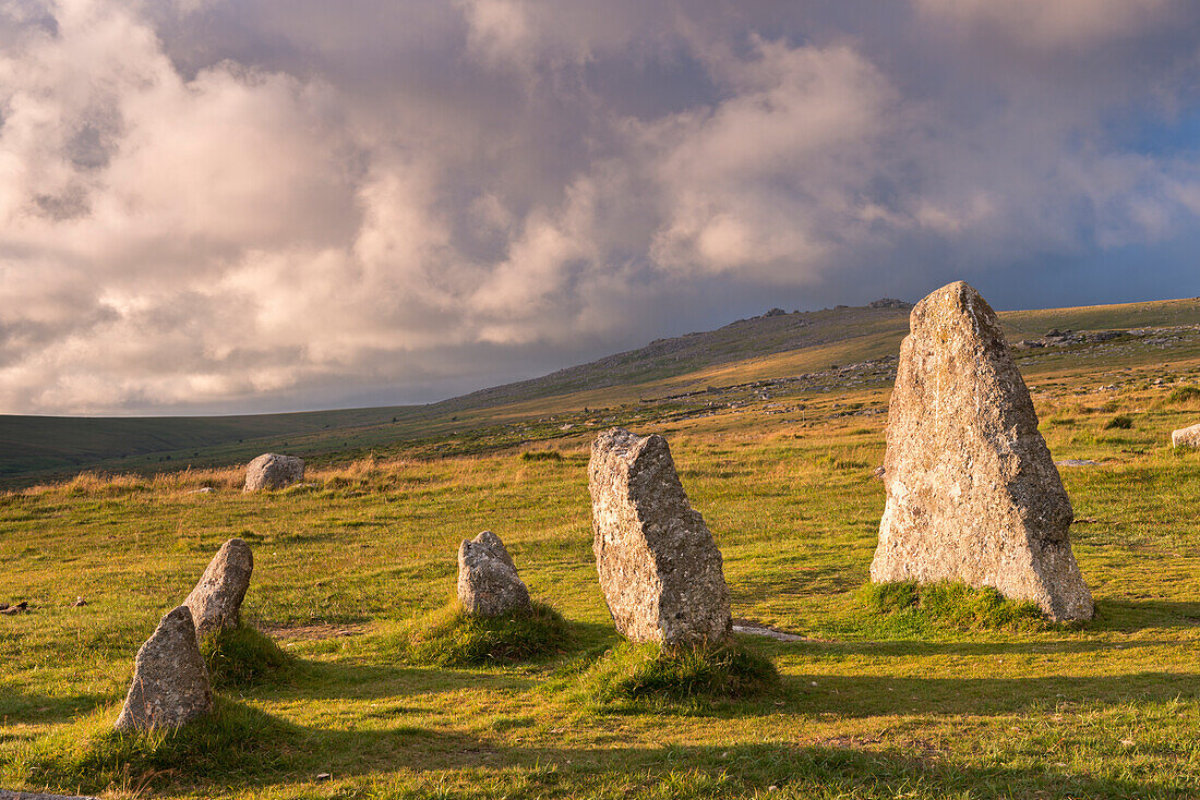 Megalithic standing stones, part of Merrivale stone row, Dartmoor, Devon, England, United Kingdom, Europe