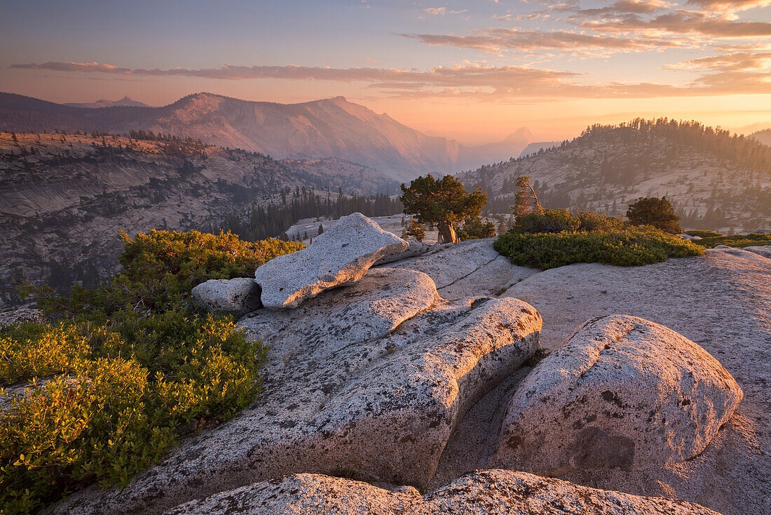 View towards Half Dome at sunset, from Olmsted Point, Yosemite National Park, UNESCO World Heritage Site, California, United States of America, North America