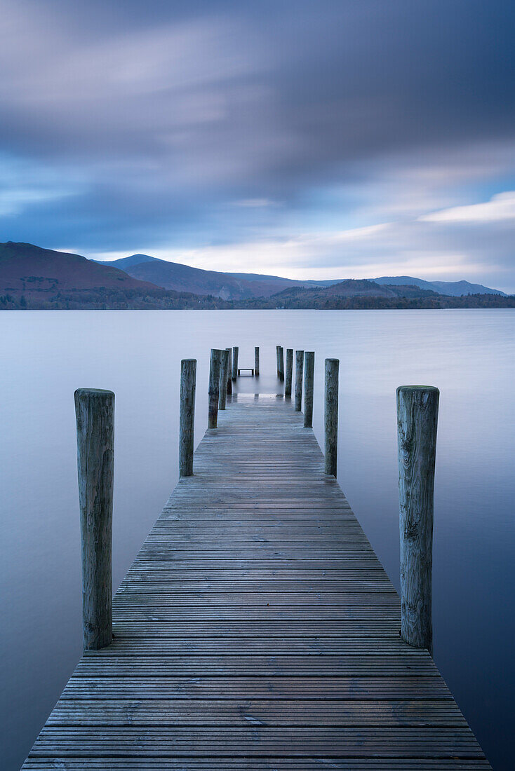 Wooden jetty on Derwent Water in the Lake District National Park, Cumbria, England, United Kingdom, Europe