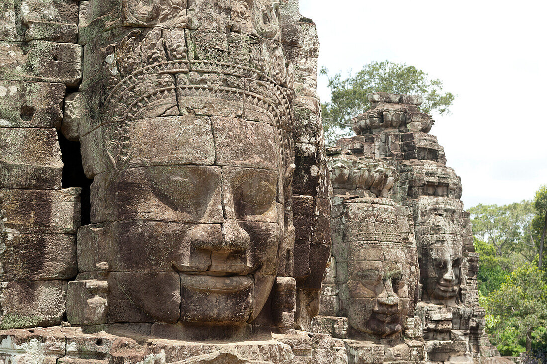 Huge faces carved in stone, Bayon Temple, UNESCO World Heritage Site, Angkor, Siem Reap, Cambodia, Indochina, Southeast Asia, Asia