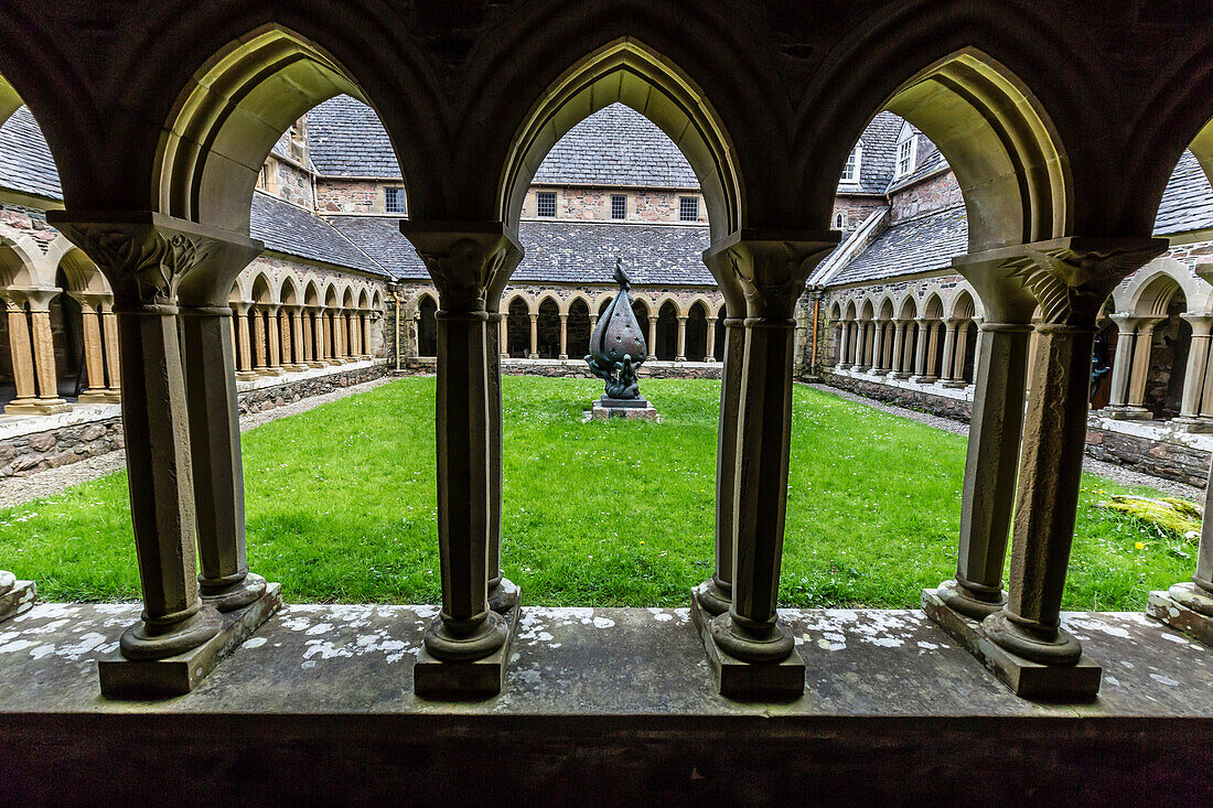 View of the inner courtyard at the Iona Abbey on Iona Island, western Outer Hebrides, Scotland, United Kingdom, Europe