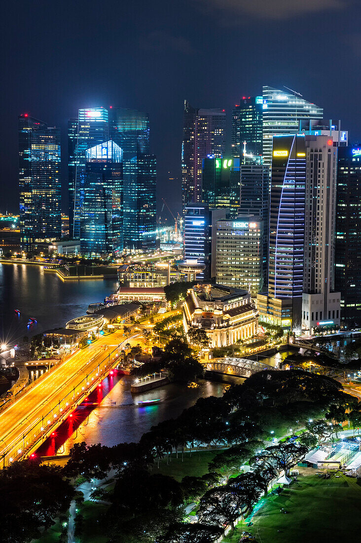 Downtown central financial district at night, Singapore, Southeast Asia, Asia
