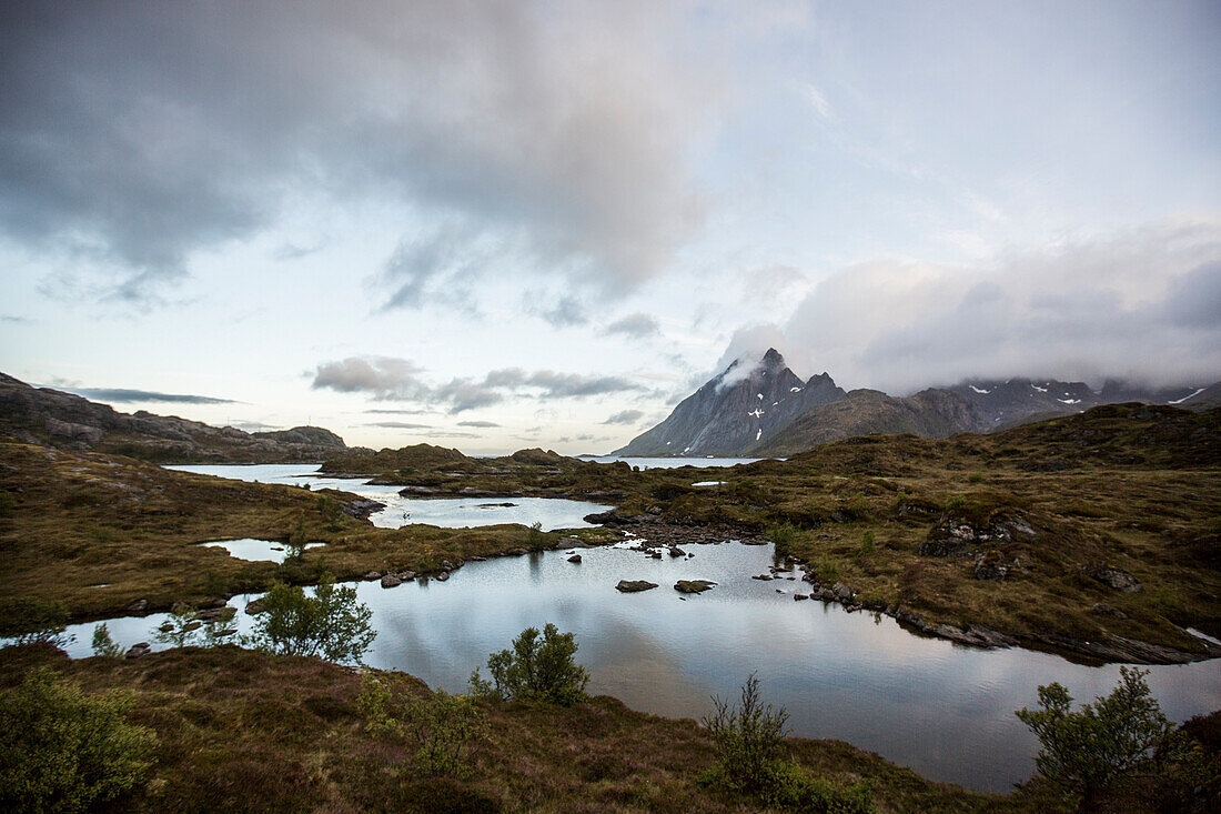 Landscape taken with the midnight sun in Moskenesoy, Lofoten Islands, Norway, Scandinavia, Europe