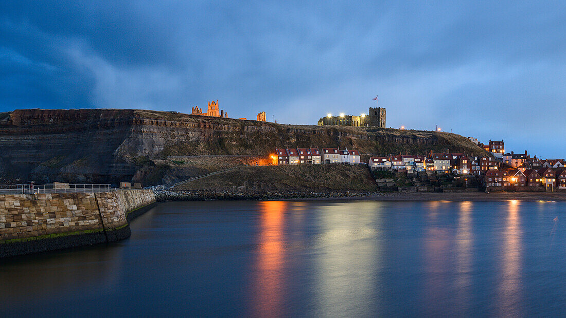 Dusk at Whitby with the Abbey and St. Mary's Church overlooking the Esk, Whitby, North Yorkshire, Yorkshire, England, United Kingdom, Europe