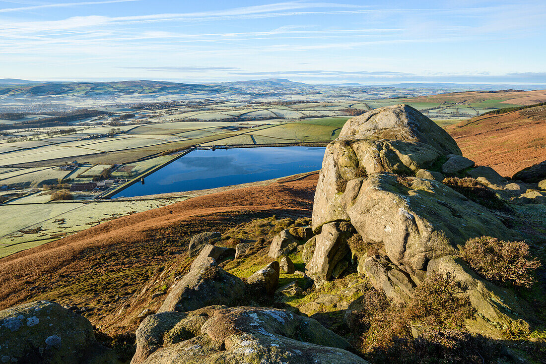 Early morning view in late autumn from Embsay Crag, overlooking the reservoir and Pendle Hill beyond, North Yorkshire, Yorkshire, England, United Kingdom, Europe
