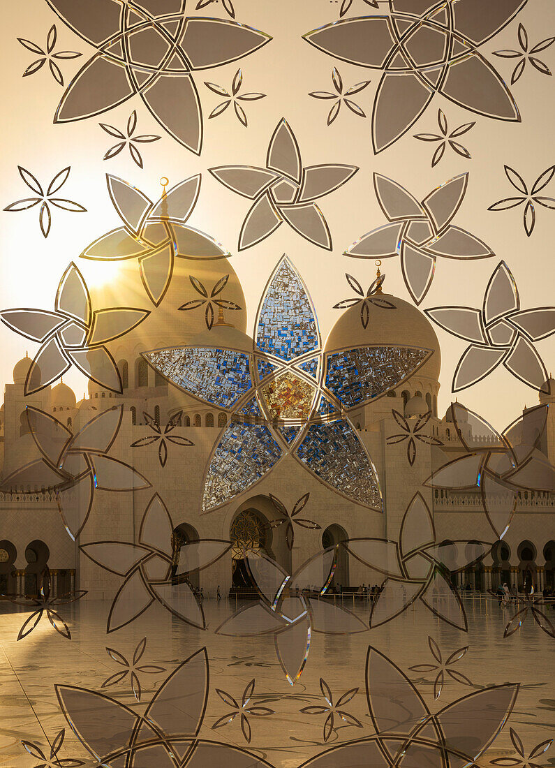 Decorated glass door in Sheikh Zayed Grand Mosque, Abu Dhabi, United Arab Emirates, Middle East