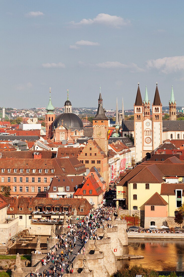 Old Bridge over the Main River, Augustinerkirche church, Neumuenster collegiate church, Grafeneckart Tower, townhall, Cathedral of St. Kilian, Wurzburg, Franconia, Bavaria, Germany, Europe