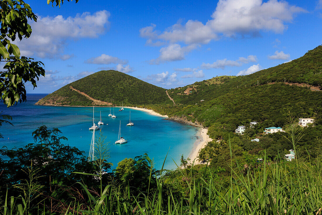 Elevated view of White Bay beaches and yachts, Jost Van Dyke, British Virgin Islands, West Indies, Caribbean, Central America