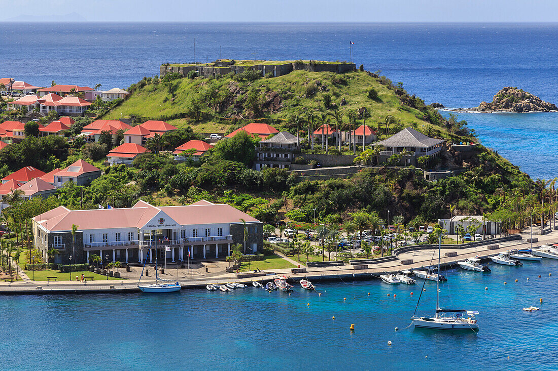 Elevated view, Hotel de la Collectivitie and Fort Oscar from Fort Gustave, Gustavia, St. Barthelemy (St. Barts (St. Barth), West Indies, Caribbean, Central America